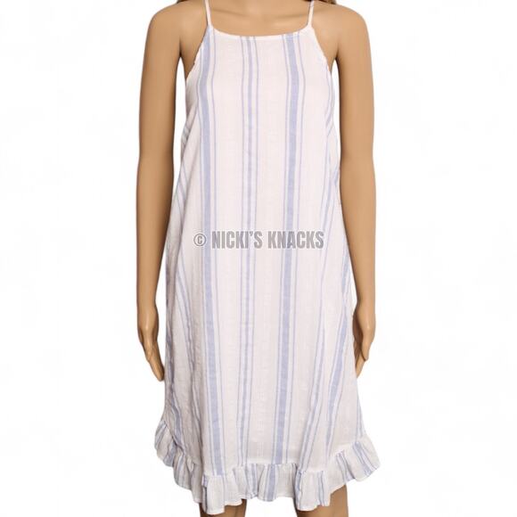 O'Neill White Blue Striped Cotton Mini Dress Ruffle Hem Swing Sundress Size L - Picture 3 of 12